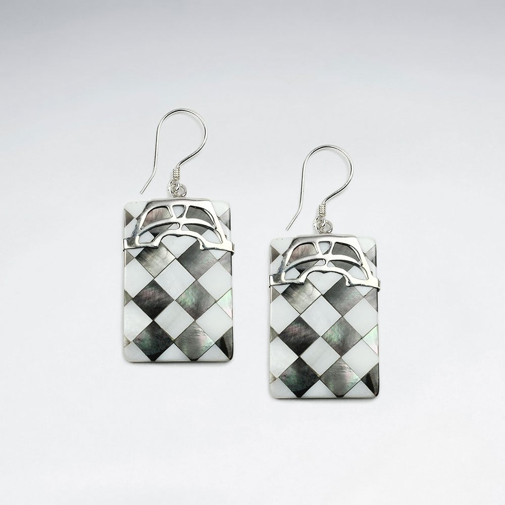 Lattice Shell Rectangle Silver Accent Dangle Earrings