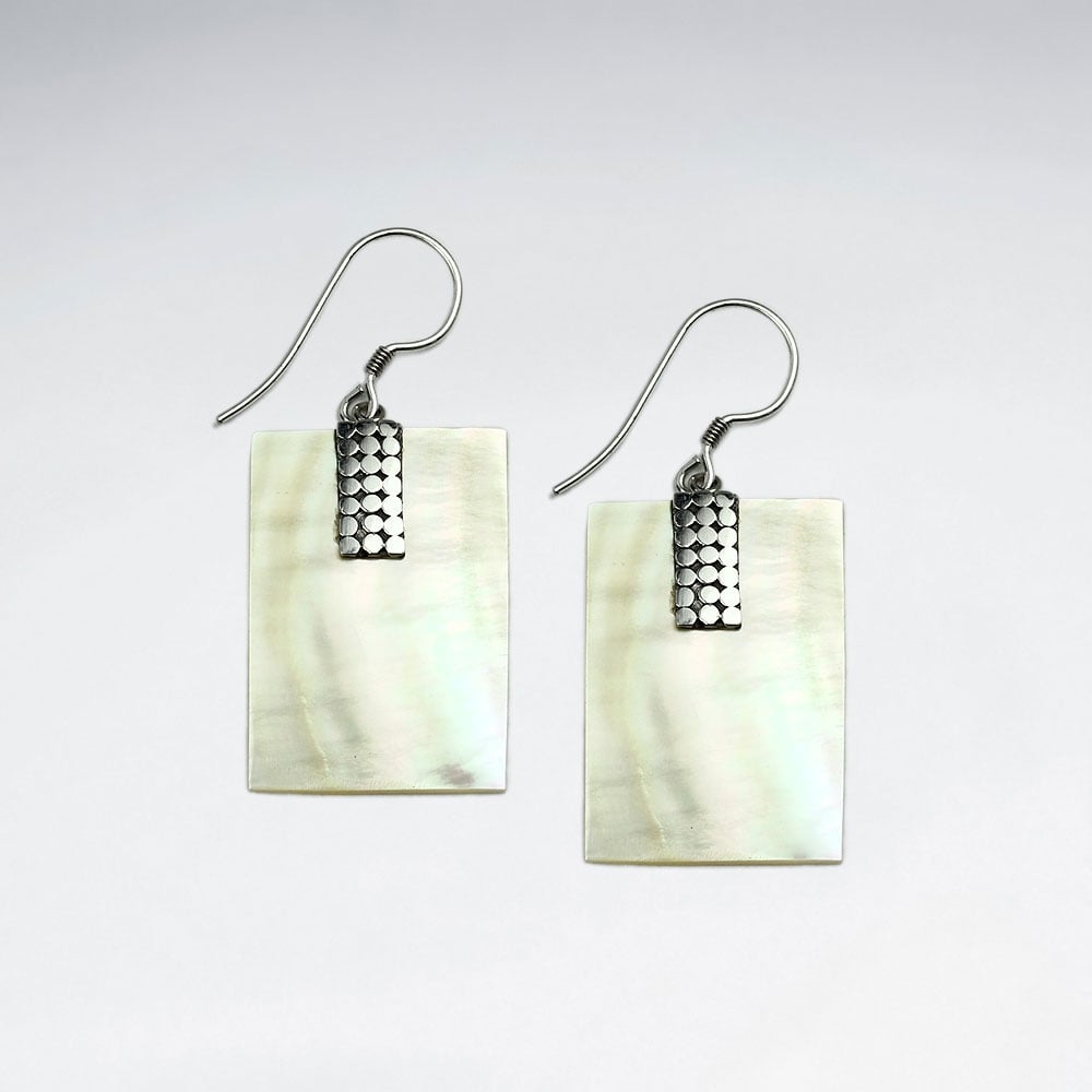 White Mother Of Pearl and Silver Rectangle Dangle Earrings