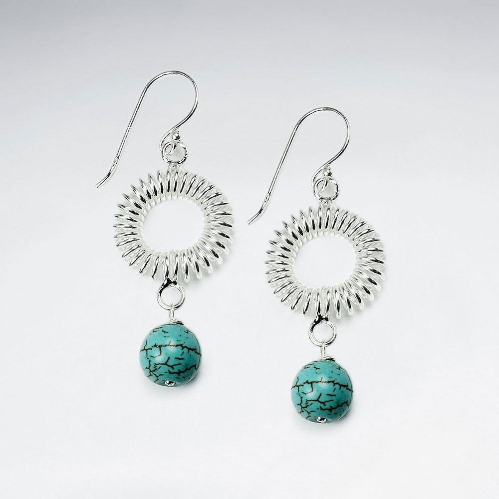 Spiral Wreath Openwork Turquoise Ball Charm Dangle Earrings