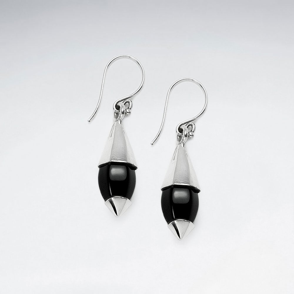 Black Stone and Silver Bullet Shaped Dangle Earrings