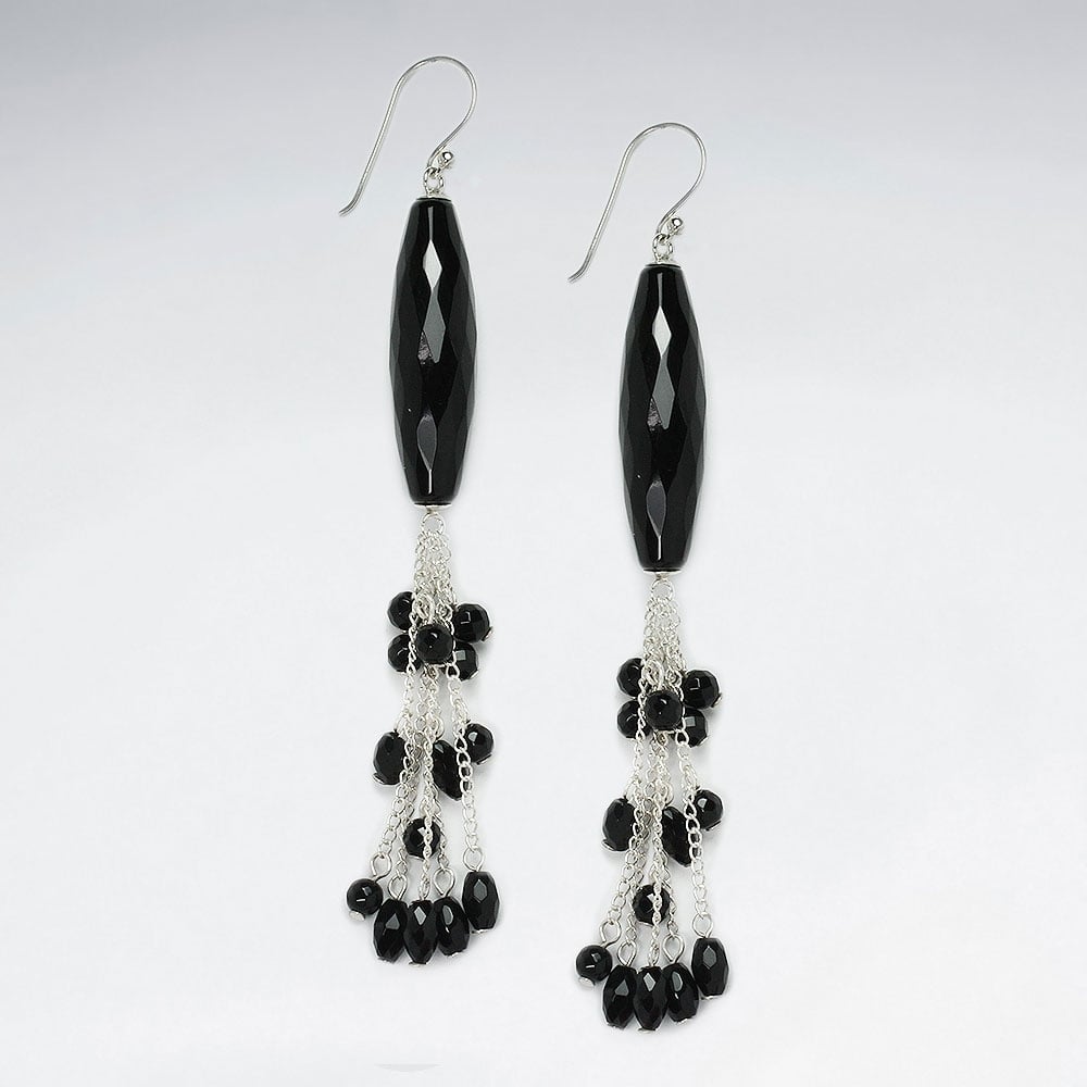 Black Stone Faceted Oval Chime Dangle Bead Earrings
