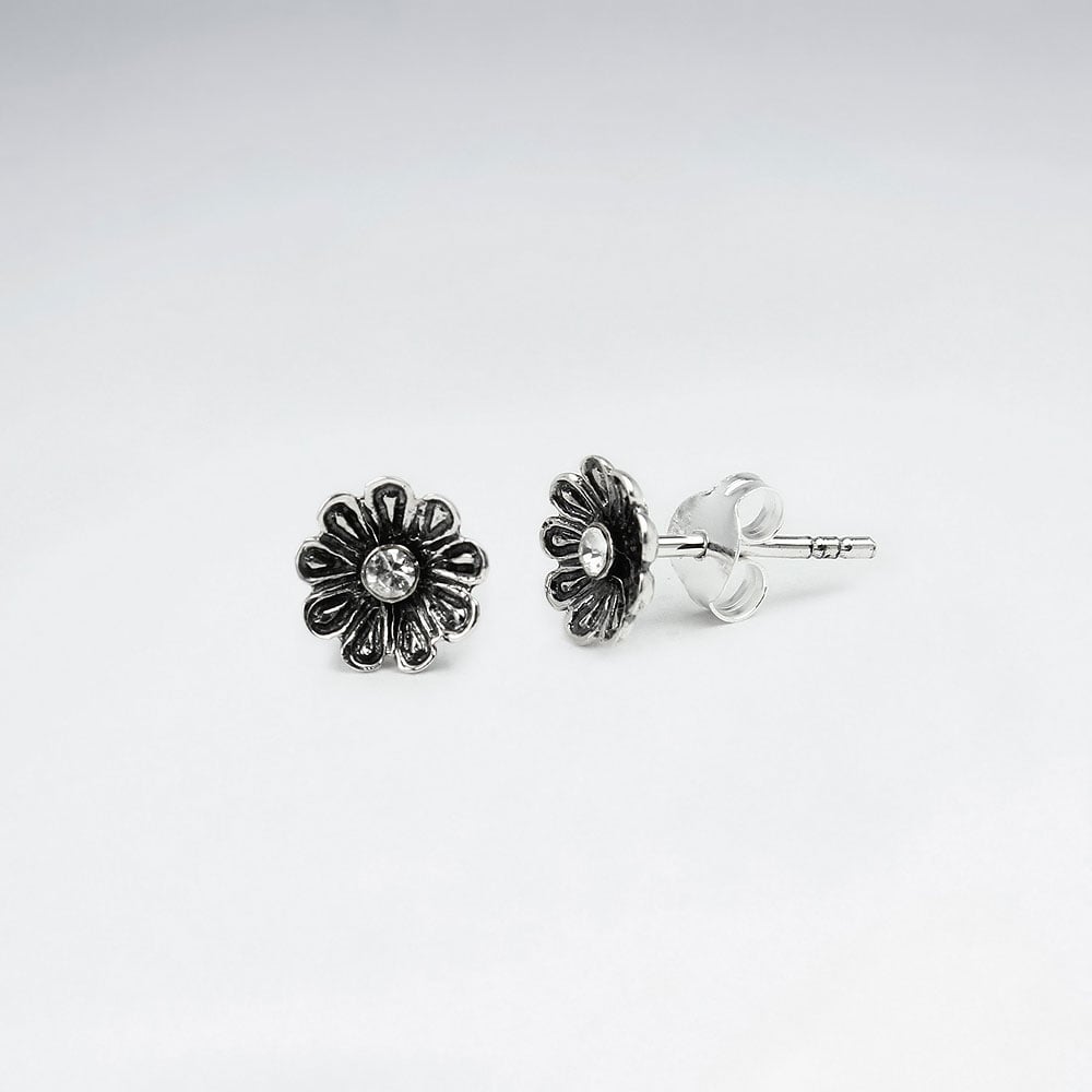 Oxidized Silver & CZ Studded Flower Blossom Stud Earrings