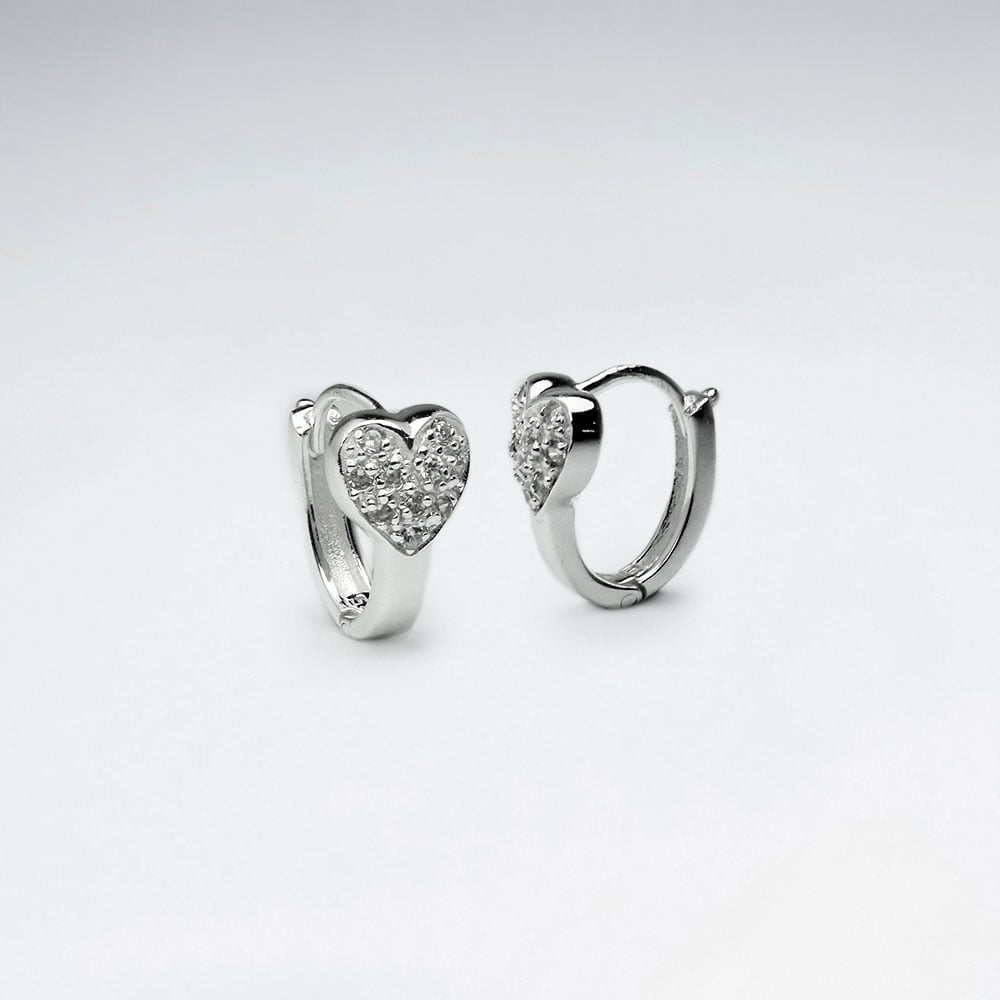 Silver U-Hoop CZ Heart Earrings