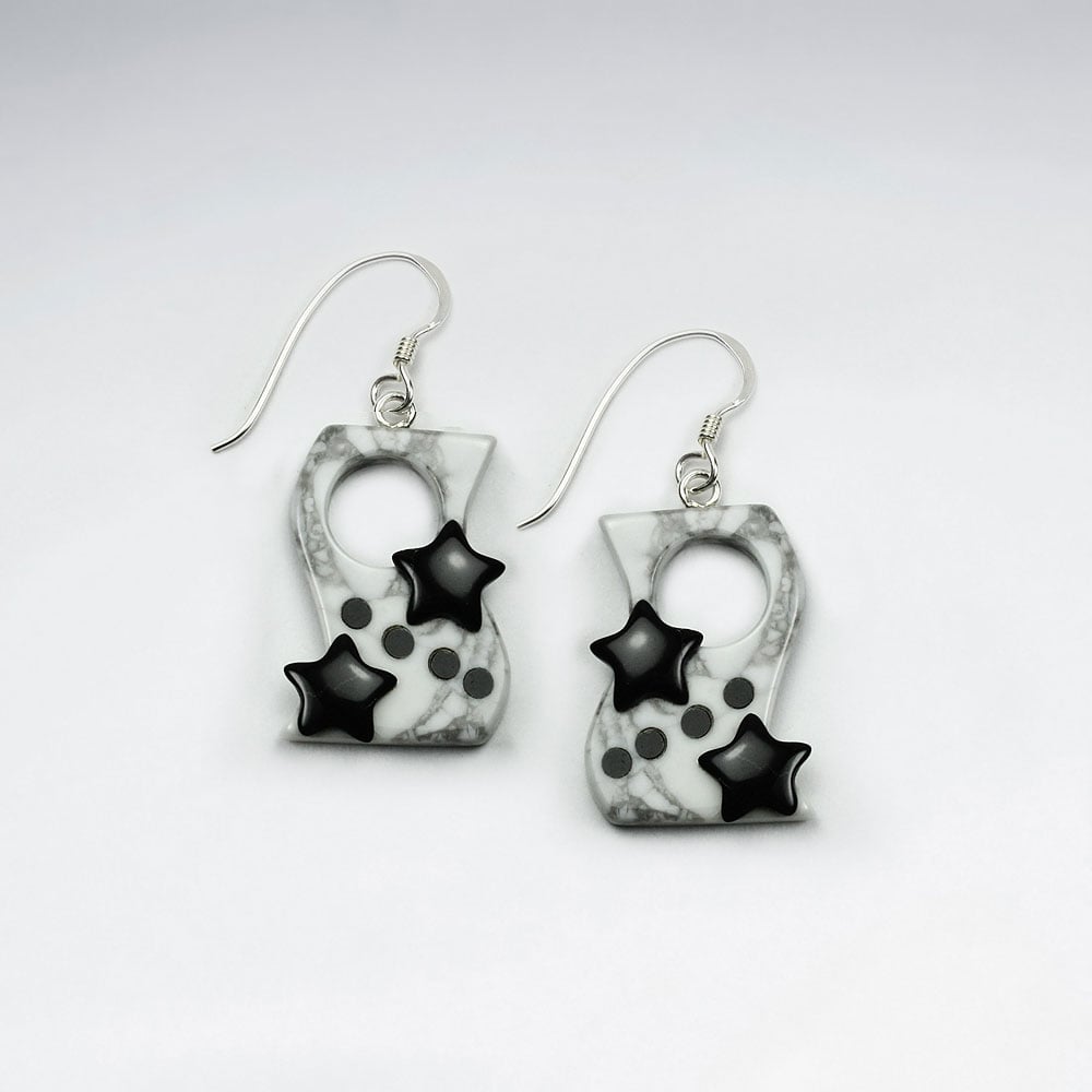 Star Studded Rectangle Howlite & Black Stone Earrings