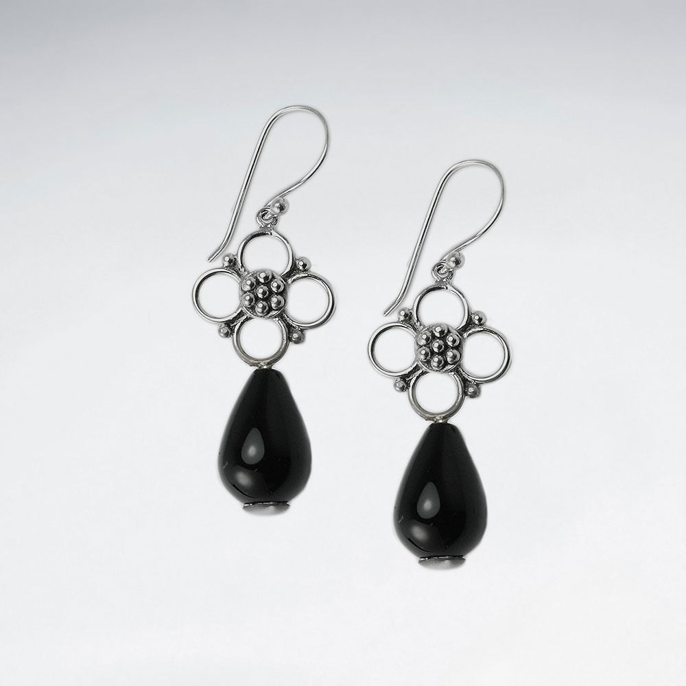 Black Stone Dangle Drop Openwork Silver Flower Earrings