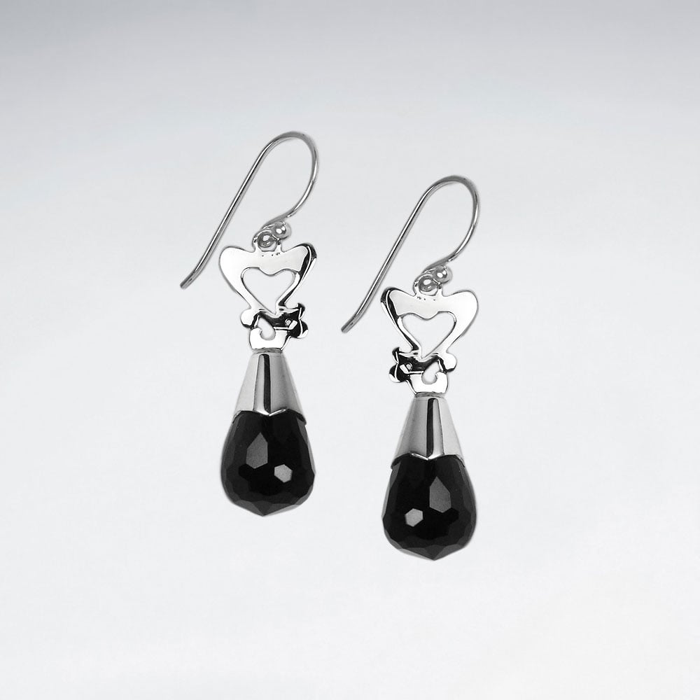 Black Stone Faceted Teardrop & Silver Hearts Dangle Earrings