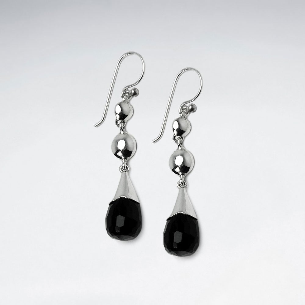 Double Drop Silver Ball & Black Stone Faceted Drop Charm Earrings