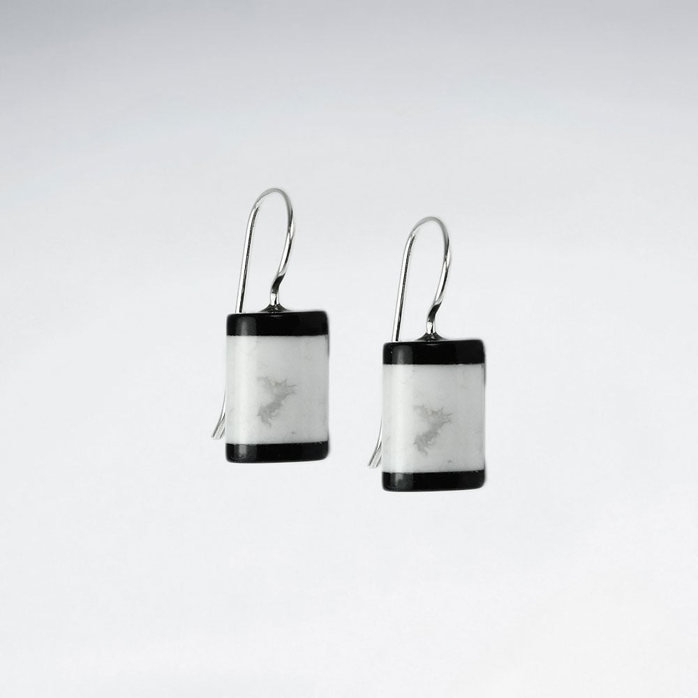 Howlite & Black Stone Small Rectangle Black & White Panel Earrings