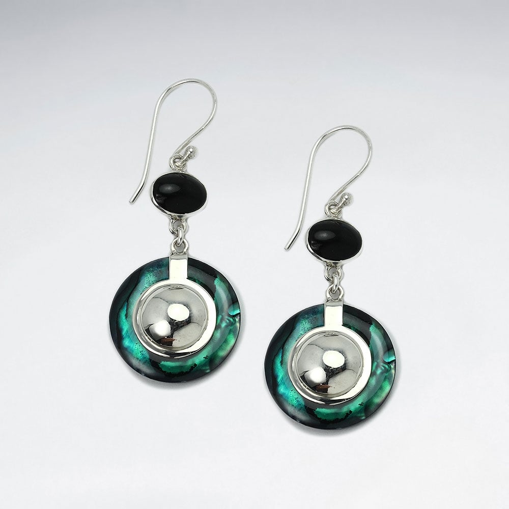 Abalone & Black Stone Bold Statement Circle Drop Dangle Earrings