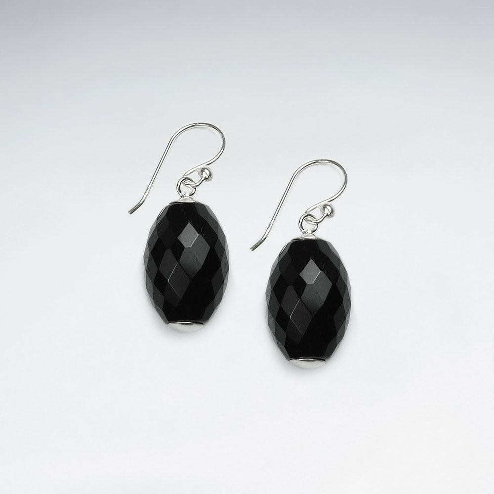Black Stone Oval Faceted Dangle Earrings
