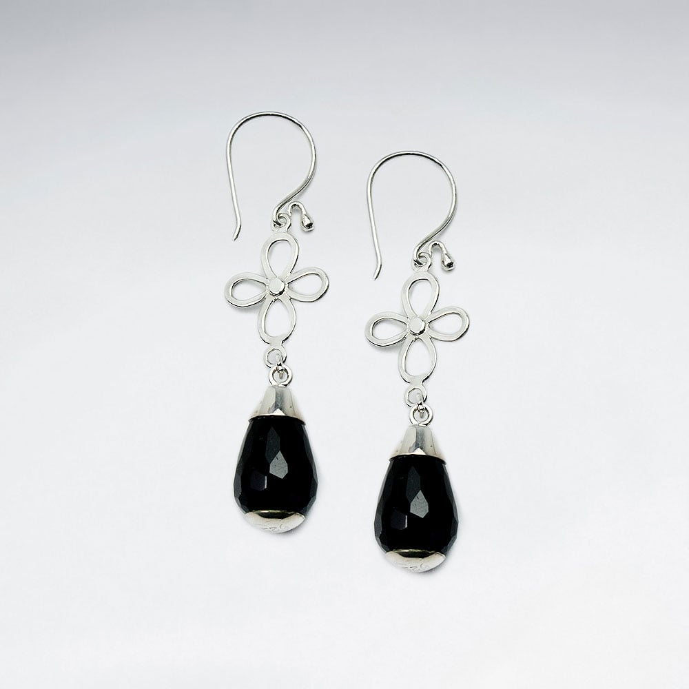 Black Stone Faceted Teardrop & Silver Wirework Flower Earrings