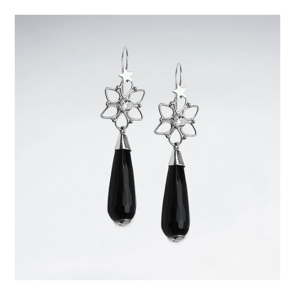 Black Stone Faceted Teardrop & Silver Wirework Star Burst Earrings