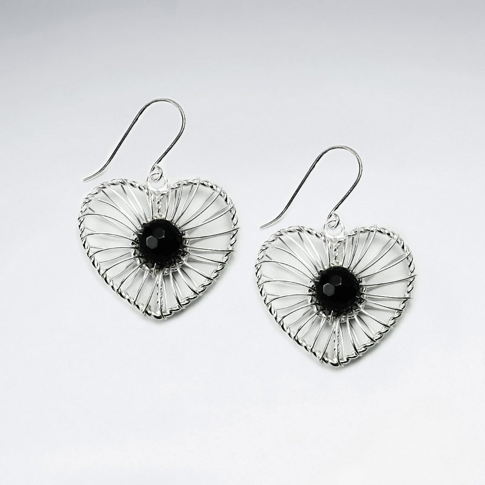 Black Stone Wirework Heart Earrings
