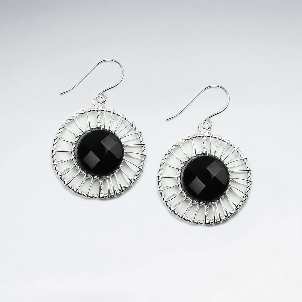 Black Stone & Wirework Circle Earrings