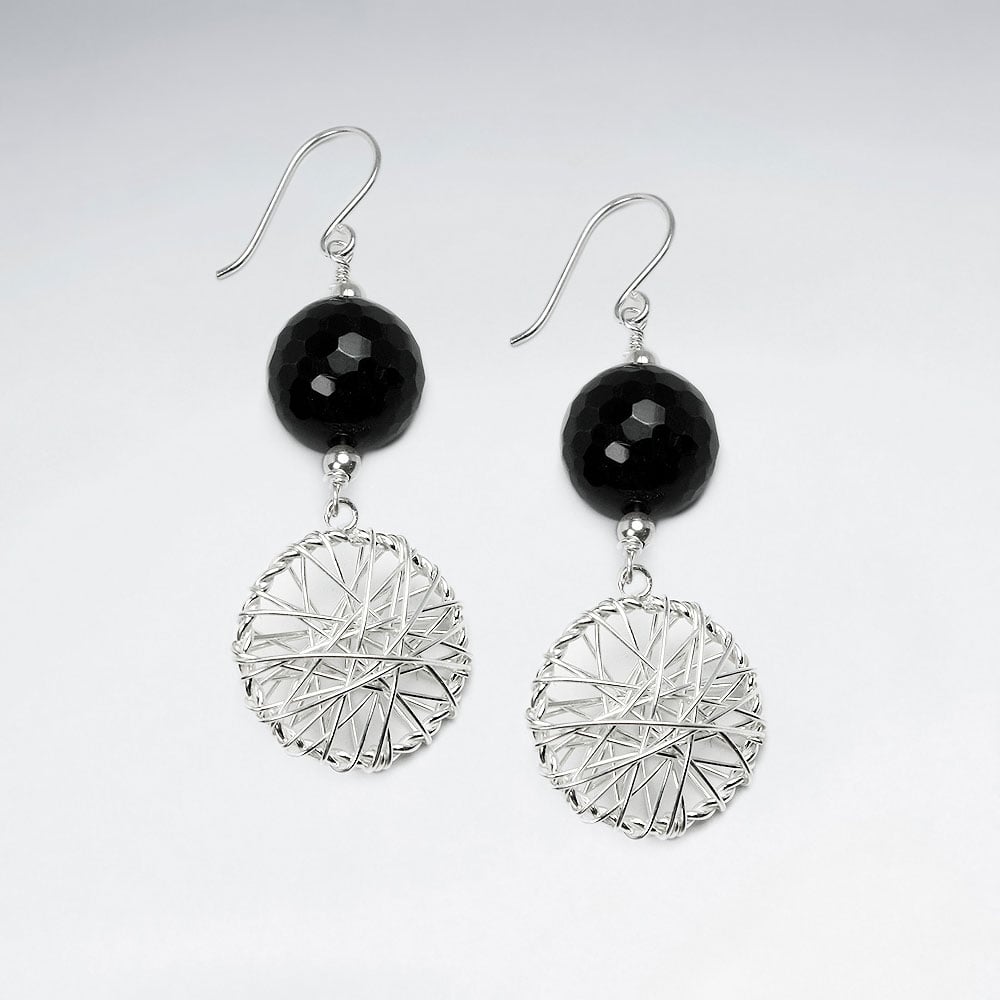 Black Stone Faceted Ball & Elaborate Circle Silver Wirework Dangle Tirered Earrings