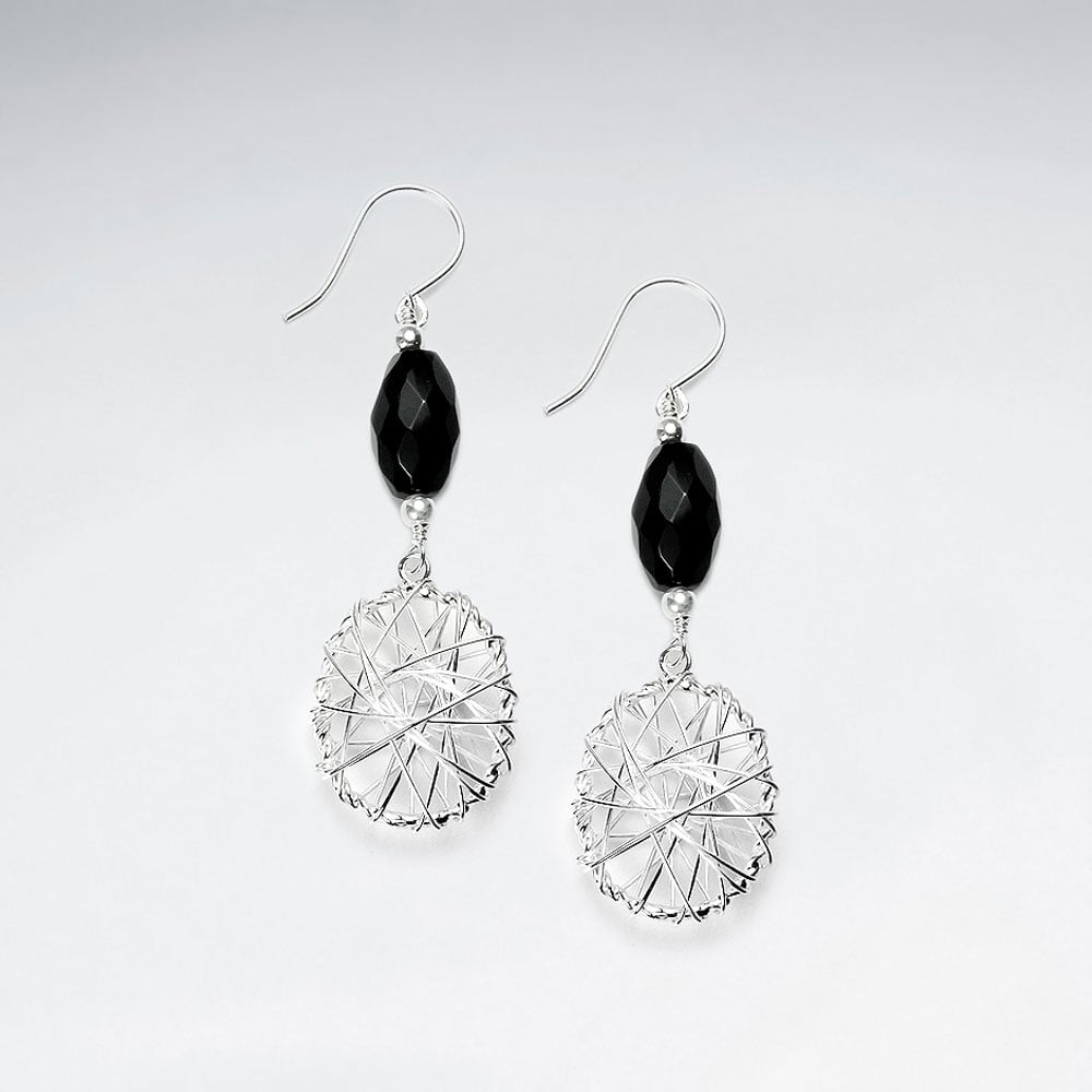 Black Stone Faceted Oval & Ornate Silver Wirework Dangle Tirered Earrings