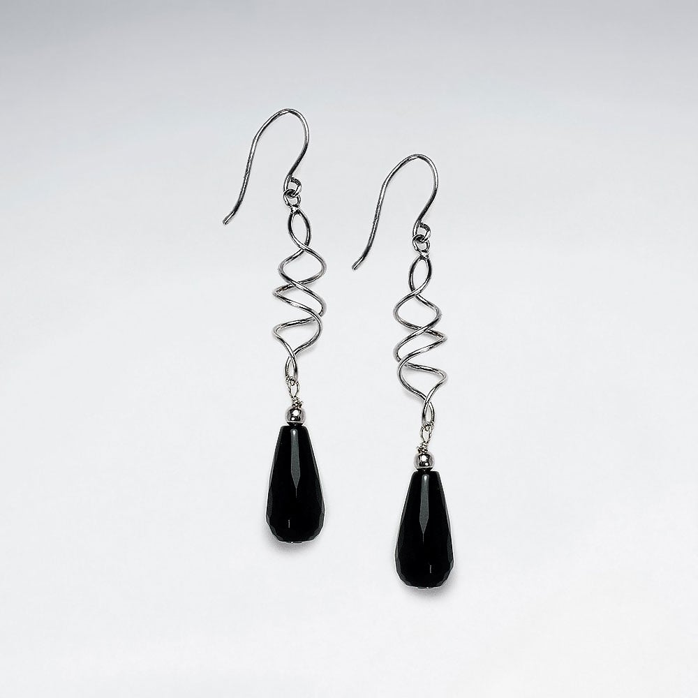 Black Stone Silver Spiral Twist and Teardrop Dangle Earrings
