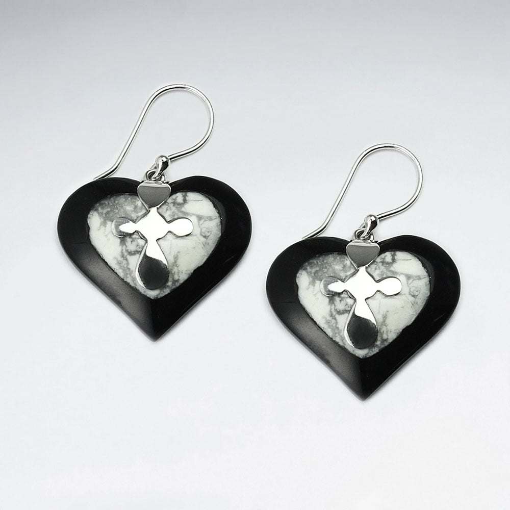 Black Howlite & Silver Heart Dangle Hook Earrings