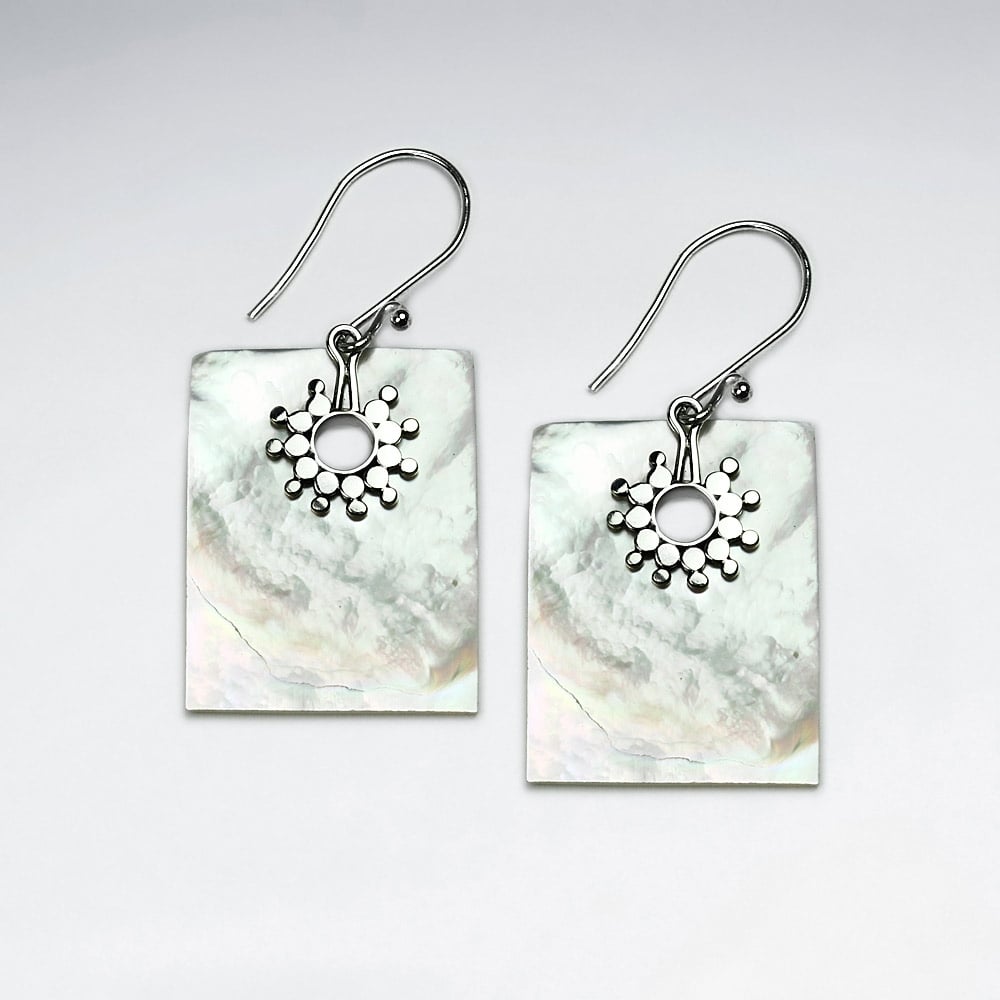 Mother Of Pearl Rectangle Silver Sun Burst Earrings