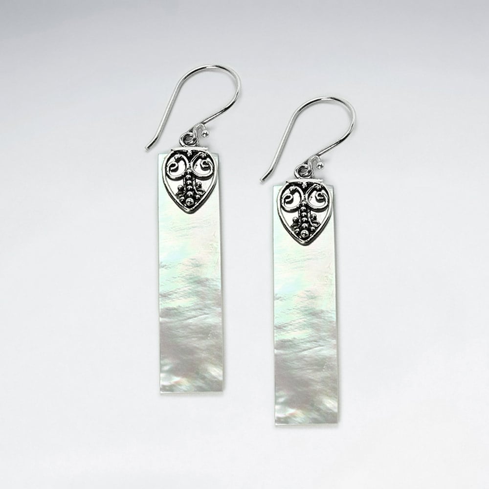Mother Of Pearl Long Rectangle Ornate Silver Heart Adorned Dangle Earrings