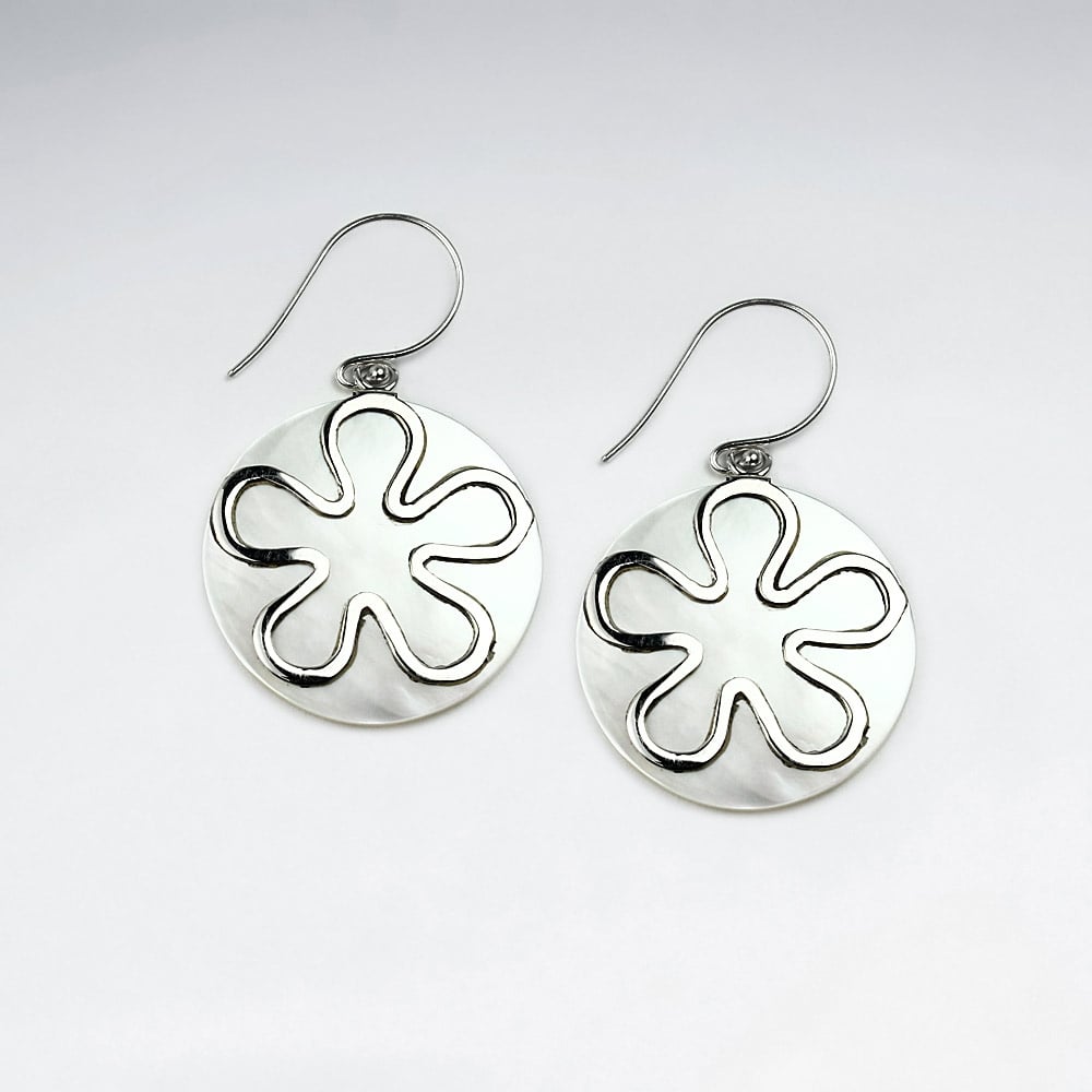 Mother Of Pearl Circle Disc Silver Wirework Splat Earrings
