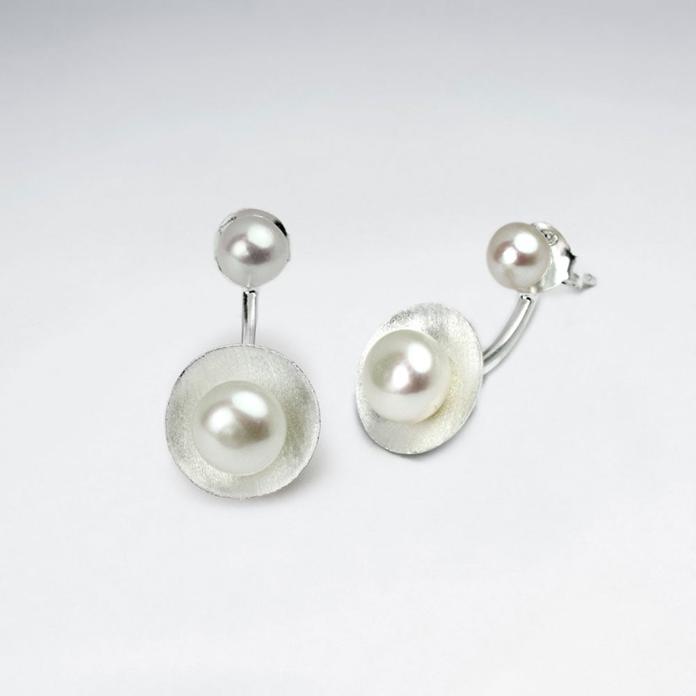 Double Tiered Circle Pearl Silver Matte Stud Earrings