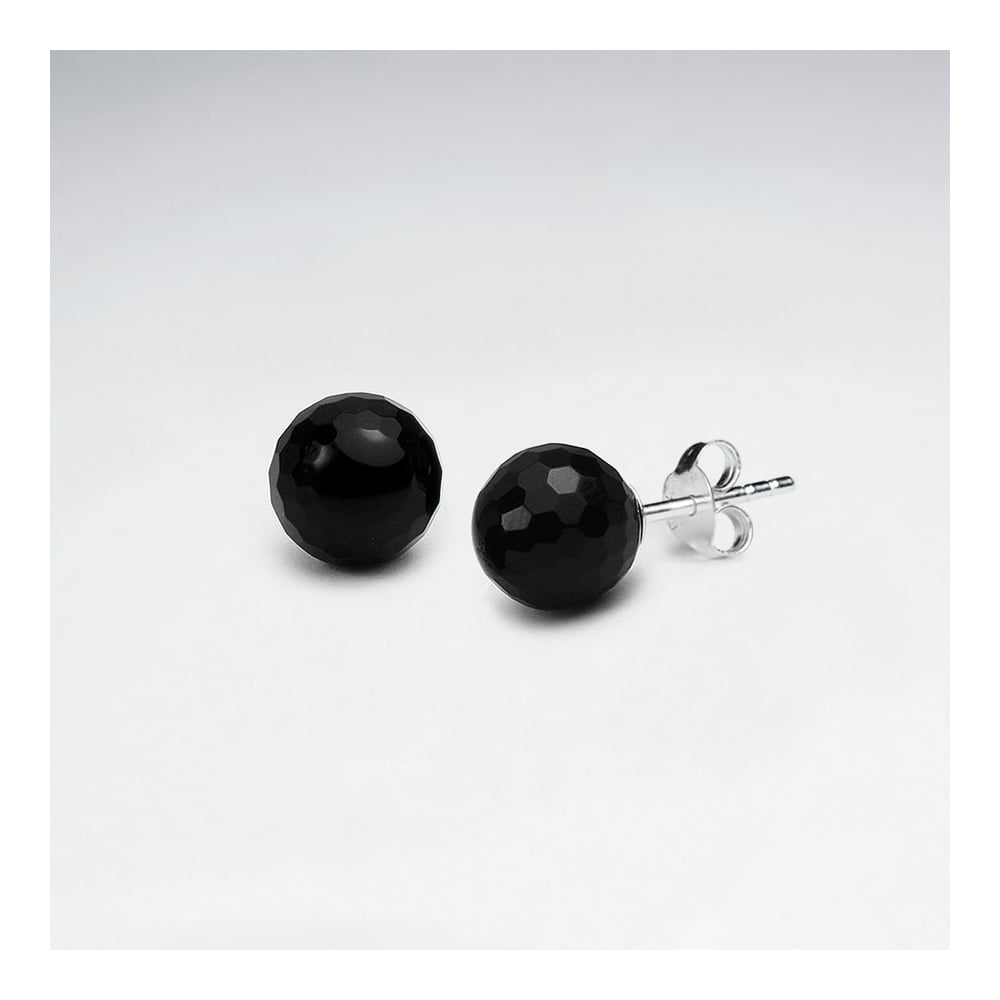 Black Stone Faceted Ball Stud Earrings