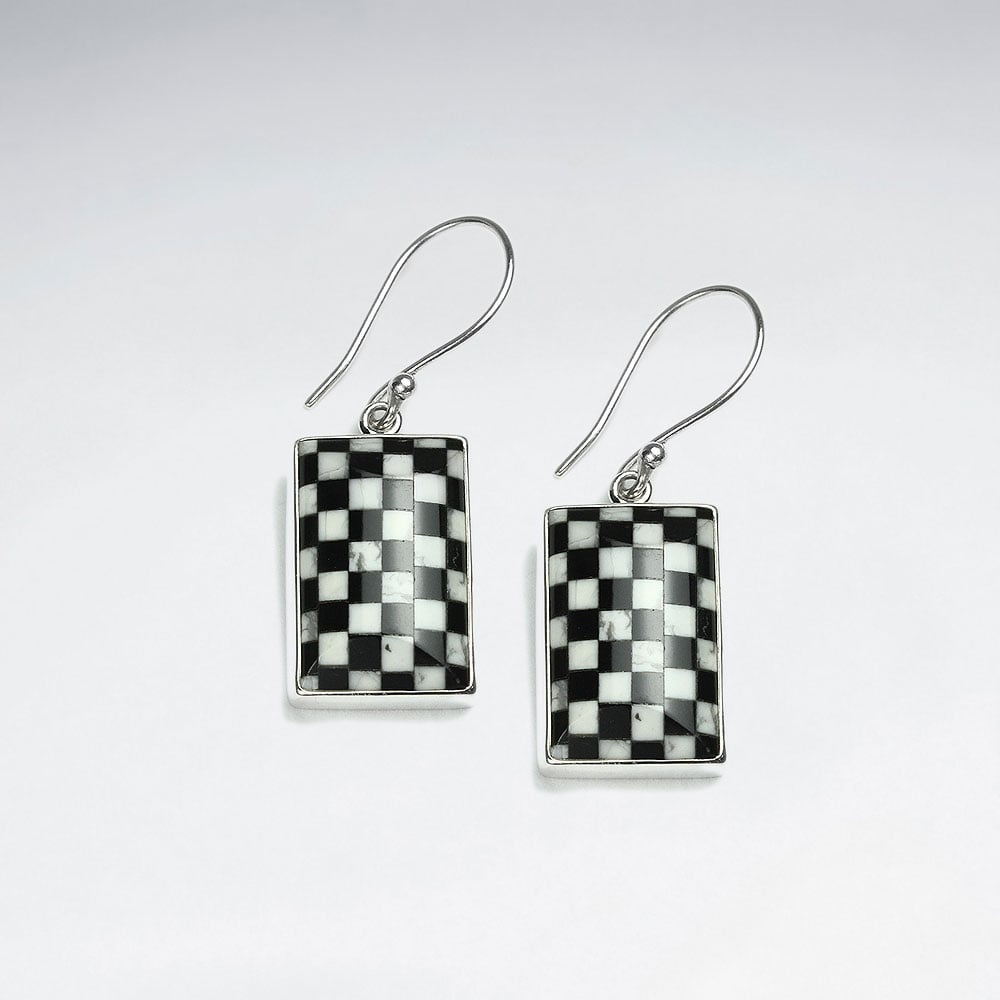 Black & White Checkered Rectangle Dangle Hook Earrings