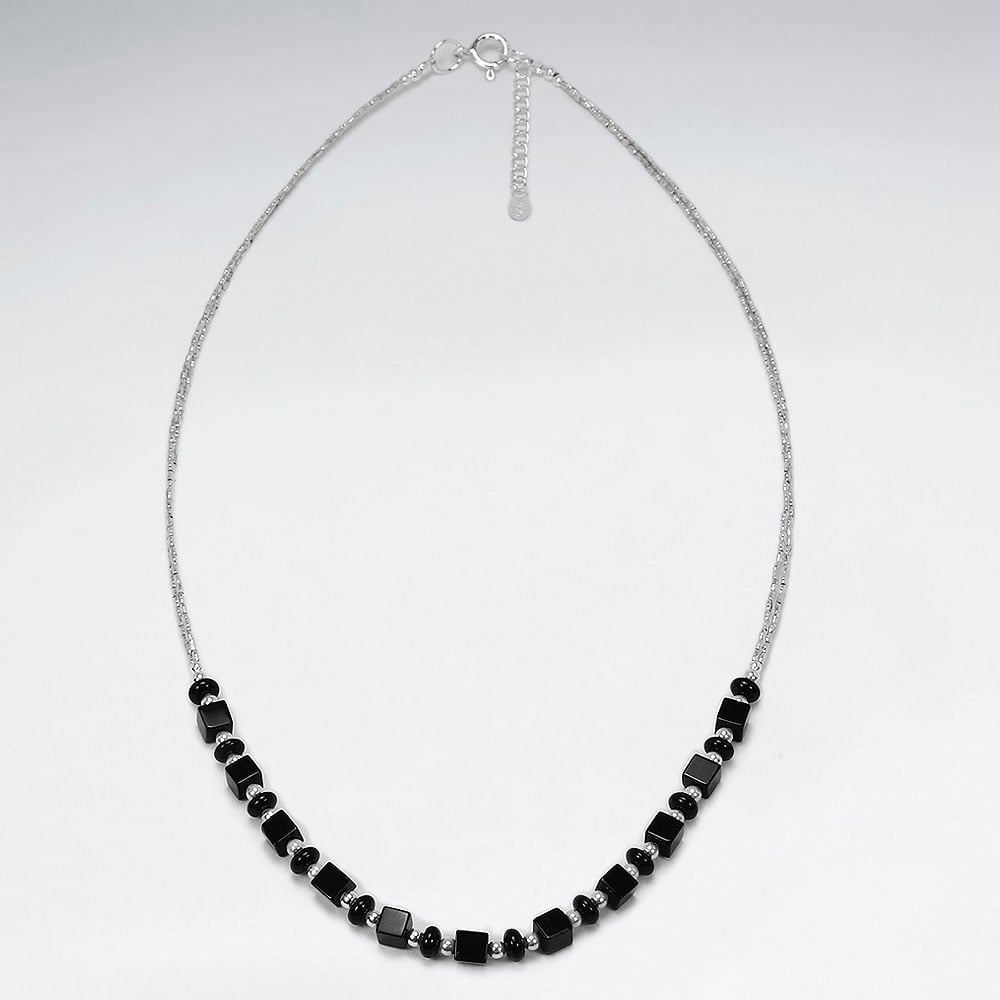 Sterling Silver Dainty Black Stone Necklace