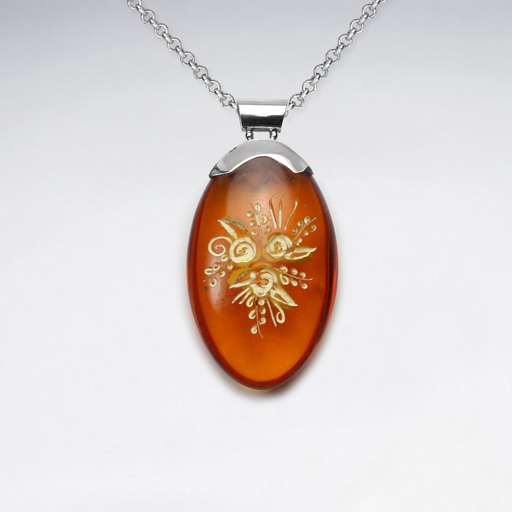 Imitation Amber Floral Etchings Oval Pendant