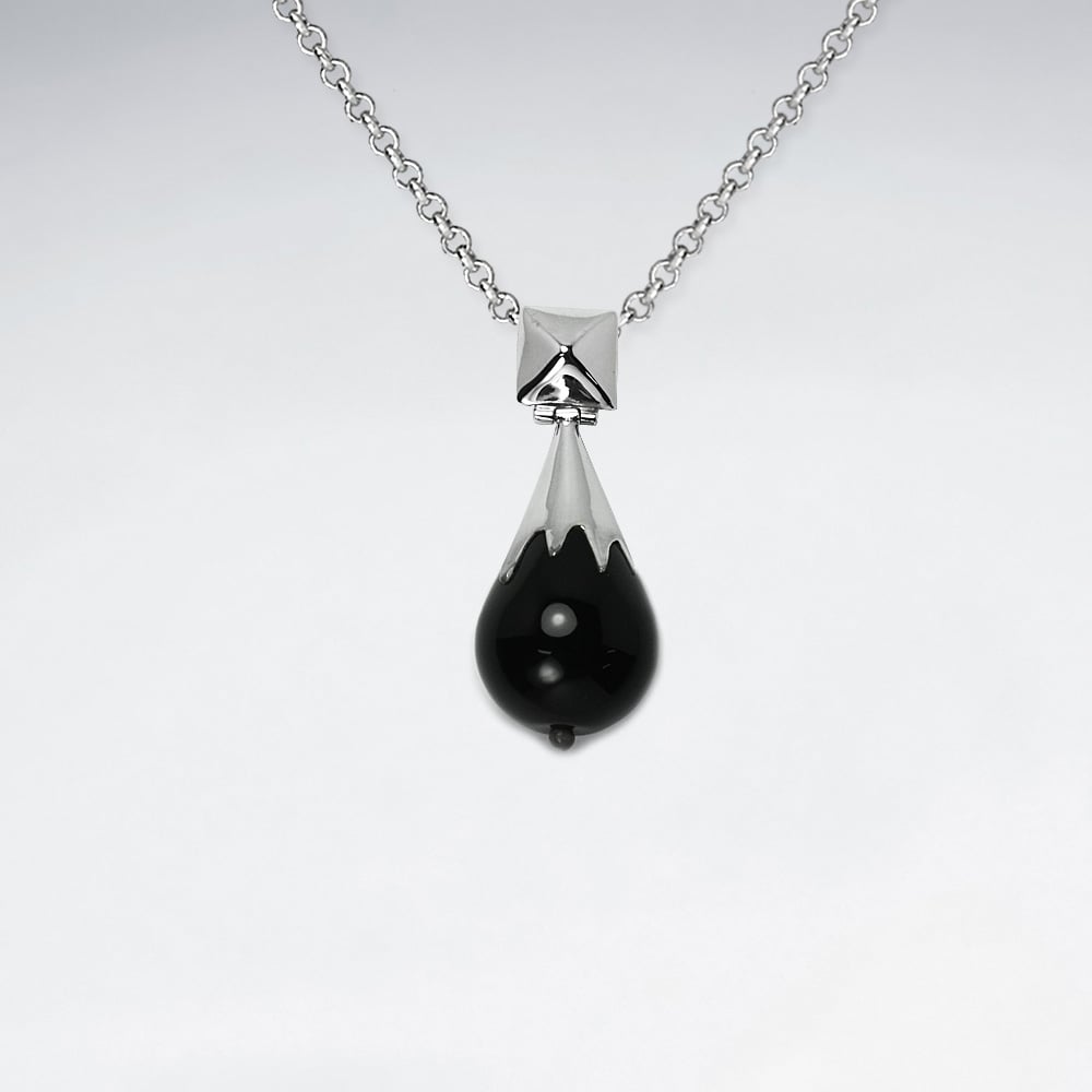 Black Stone and Sterling Silver Dainty Teardrop Pendant