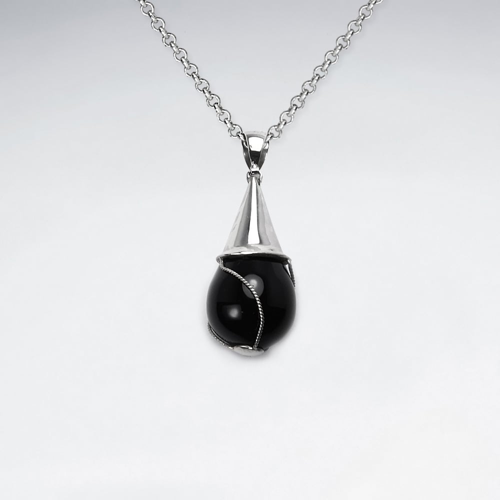 Black Stone Teardrop Swirls Sterling Silver Capped Pendant