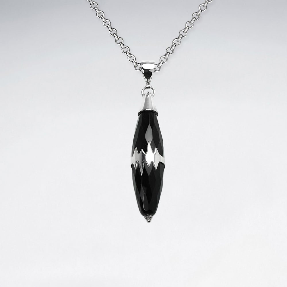 Sterling Silver and Black Stone Edgy Faceted Slim Wand Pendant