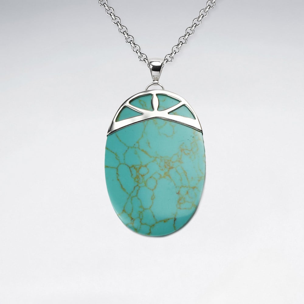 Turquoise Oval Silver Fanned Pendant