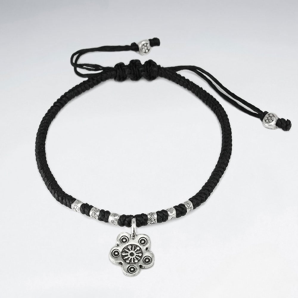 Waxed Cotton Bead & Flower Bracelet
