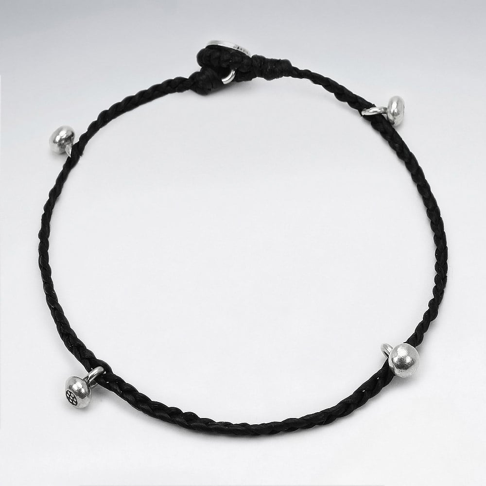 Black Waxed Cotton Silver Bead Ball Anklet
