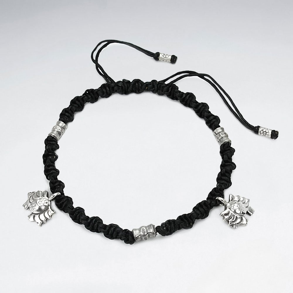 Black Waxed Cotton Silver Charm Bracelet
