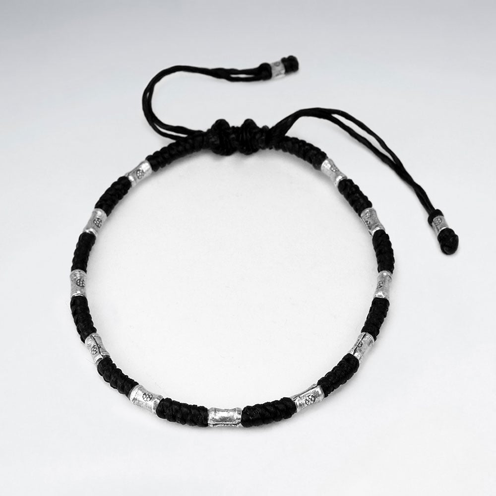 Black Waxed Cotton Silver Studded Bracelet