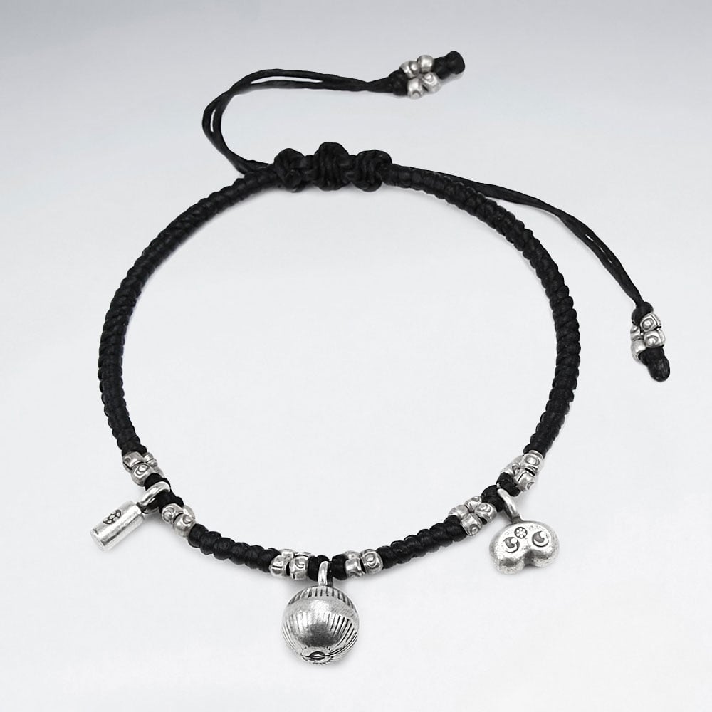 Black Waxed Cotton Silver Charms Bracelet