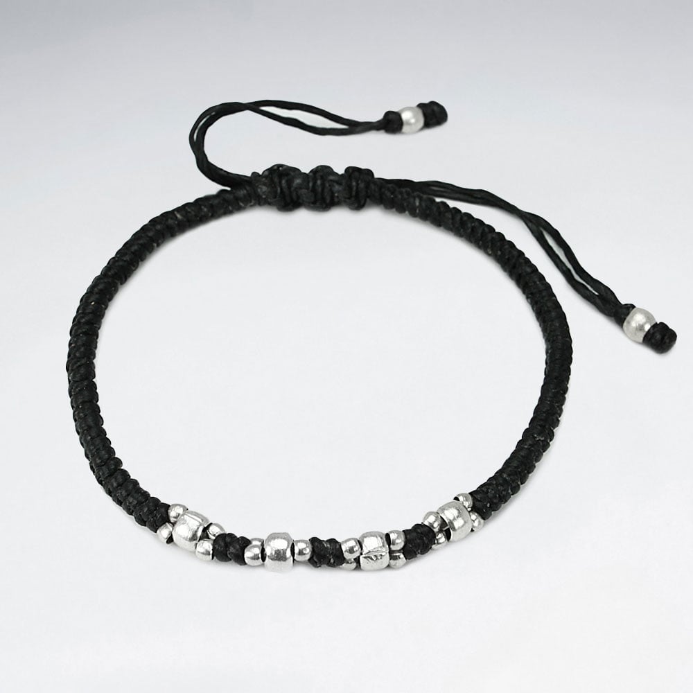 Black Waxed Cotton Silver Bead Cluster Bracelet