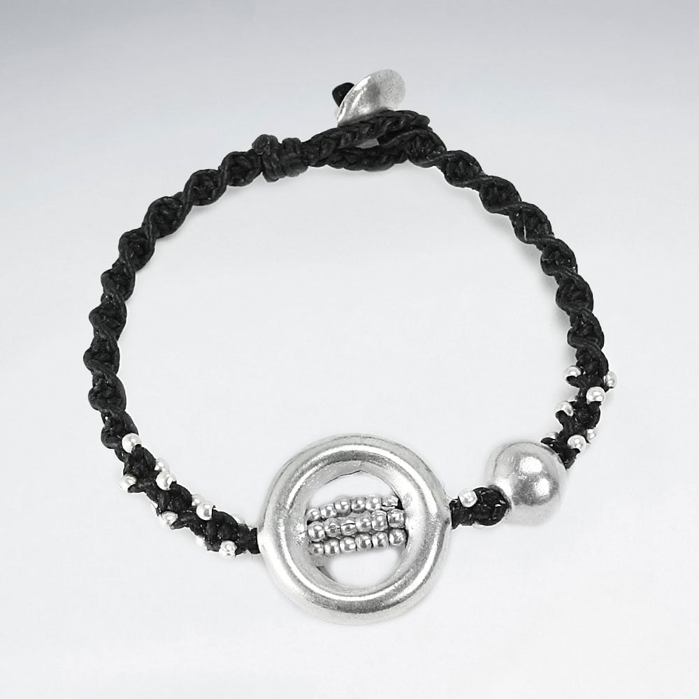 Black Waxed Cotton Circle Ball  Bracelet