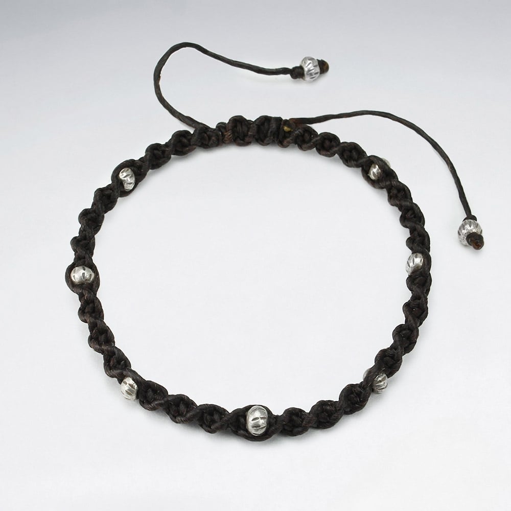 Brown Waxed Cotton Bead Ball Studded Bracelet