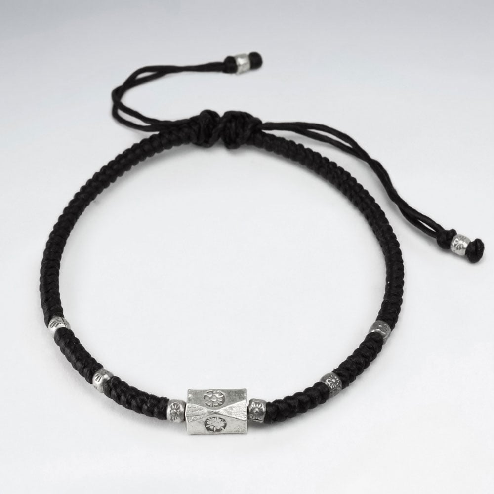 Adjustable Waxed Cotton Block Bead Bracelet