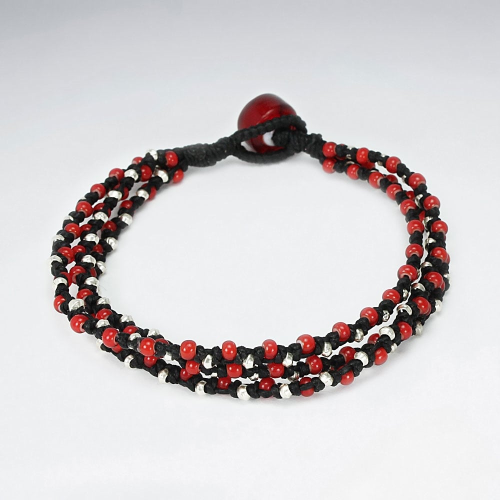 Bold Accents Black & Red Waxed Cotton Glass Bead Bracelet