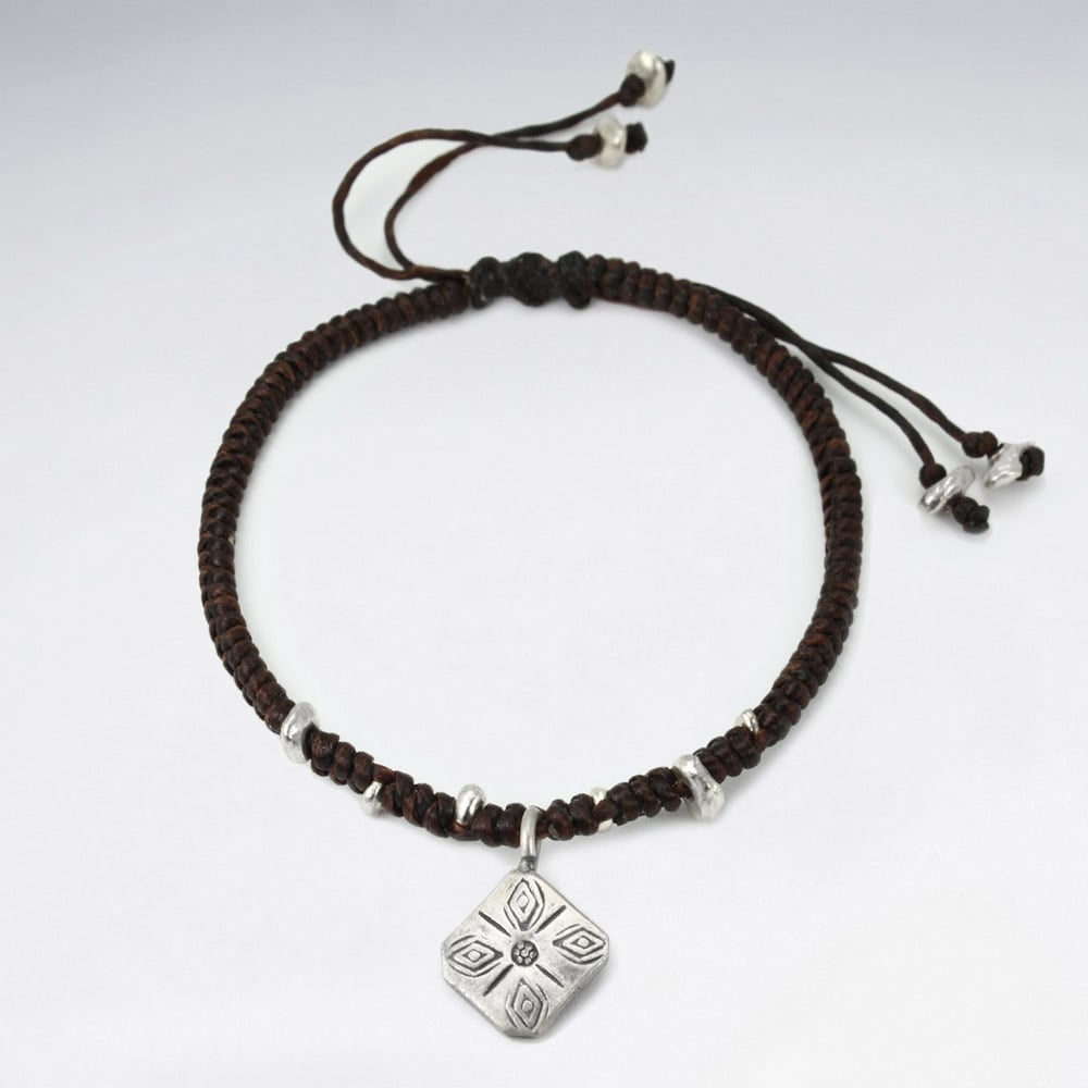 Brown Waxed Cotton Marquis Charm Bracelet