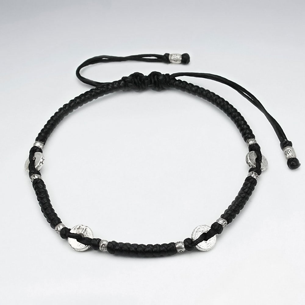 Black Waxed Cotton Disc Studded Charm Bracelet