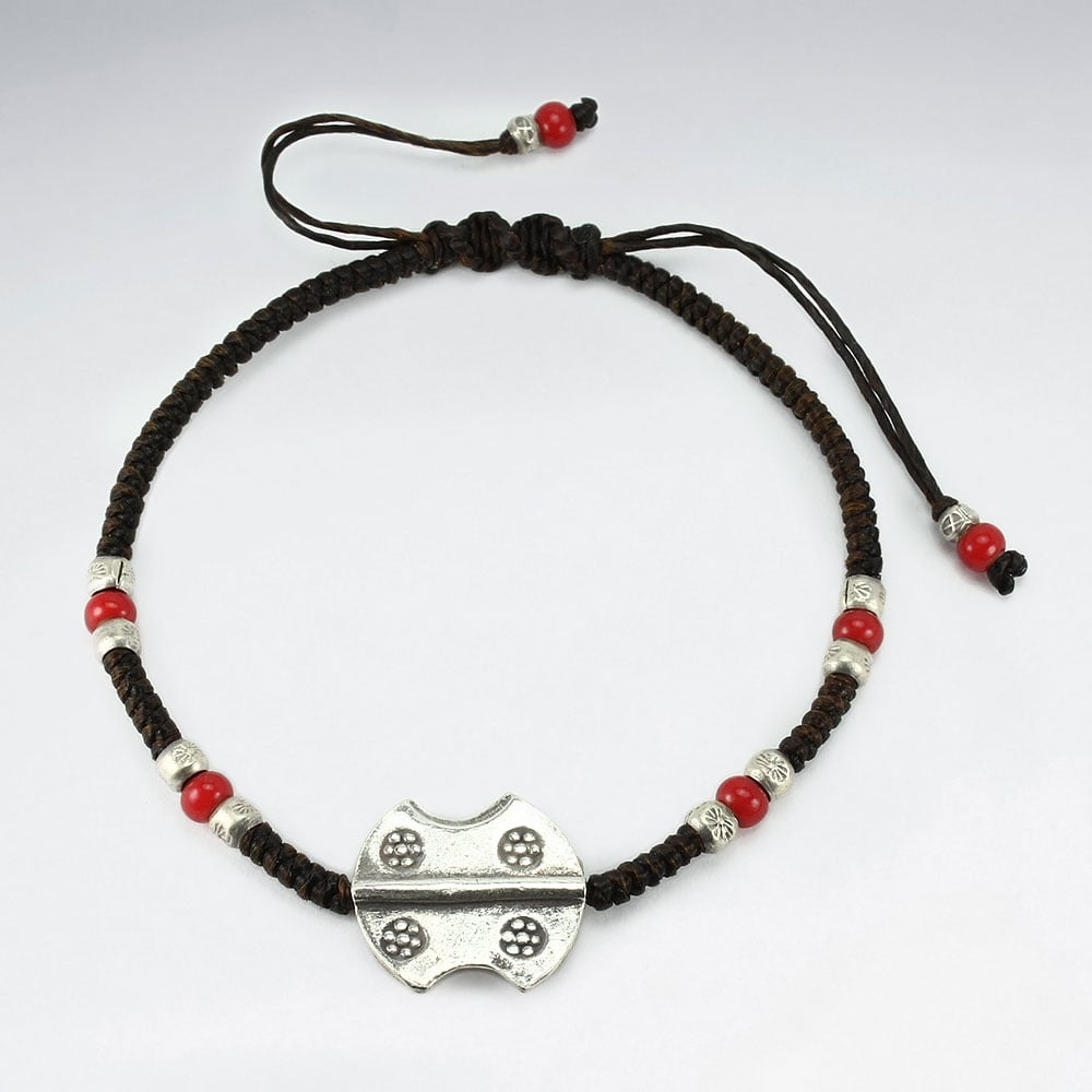 Brown Waxed Cotton Silver & Red Accent Bracelet