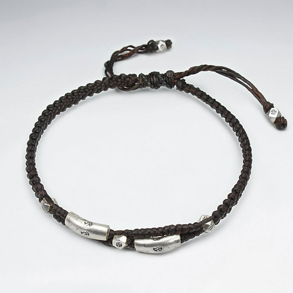 Waxed Cotton & Silver Wide Beads Bracelet