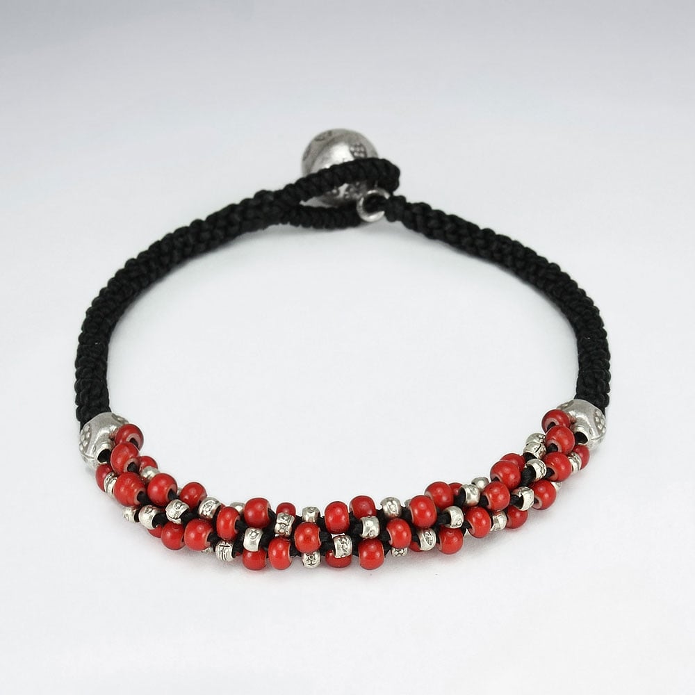 Black Waxed Cotton Corded Bracelet With Red Bead Accents