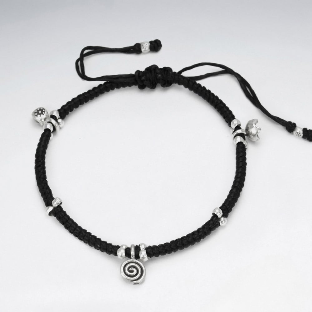 Black Waxed Cotton Spiral Charm Bracelet